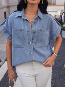 EMERY ROSE Women's Front Button Batwing Sleeve Pocket Denim Shirt - Medium Wash - View 4