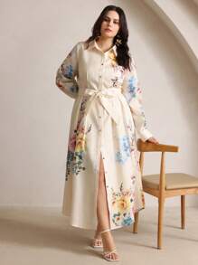 Anewsta 女士优雅餐饮、聚会、度假腰部褶皱花卉印花衬衫裙 - 杏色 - 查看 3