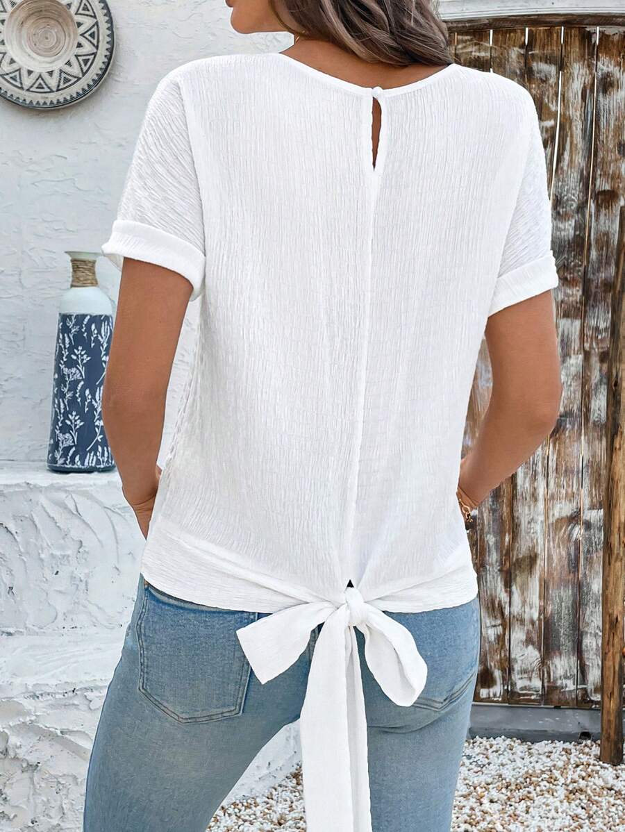 SHEIN LUNE Women's Round Neck Short Sleeve Shirt, Loose Casual Design With Decorative Buttons, Pleated Back Hem Tie Bow, Suitable For Daily Wear - White - View 1
