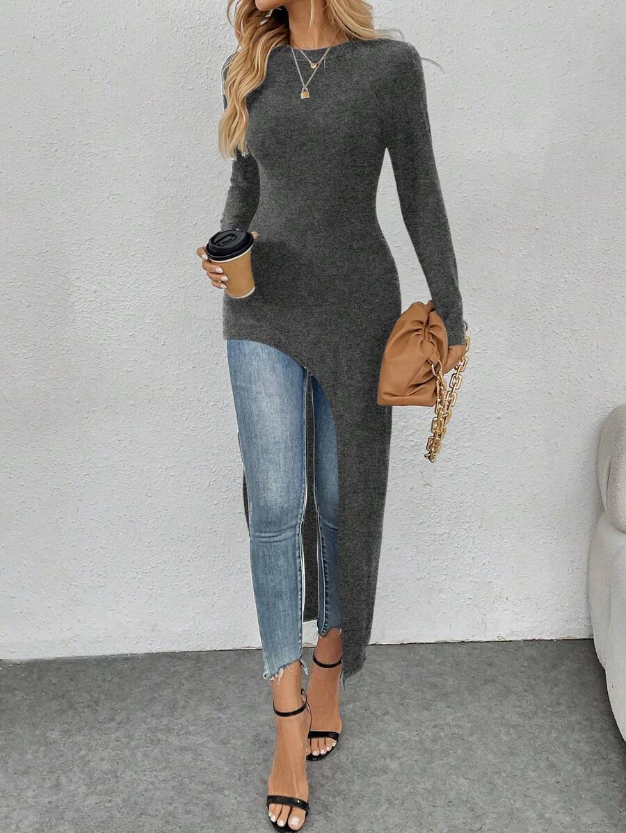 SHEIN Clasi Women Asymmetrical Hem Soft Base Layer T-Shirt - Grey - View 1