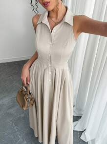 Chiquease Women Elegant Pleated Sleeveless Collared Dress
