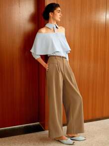 Uhlyne Uhlyne Blusa elegante e casual da donna, con spalle scoperte, collo alla coreana e maniche a meta - Blu - Visualizzare 7