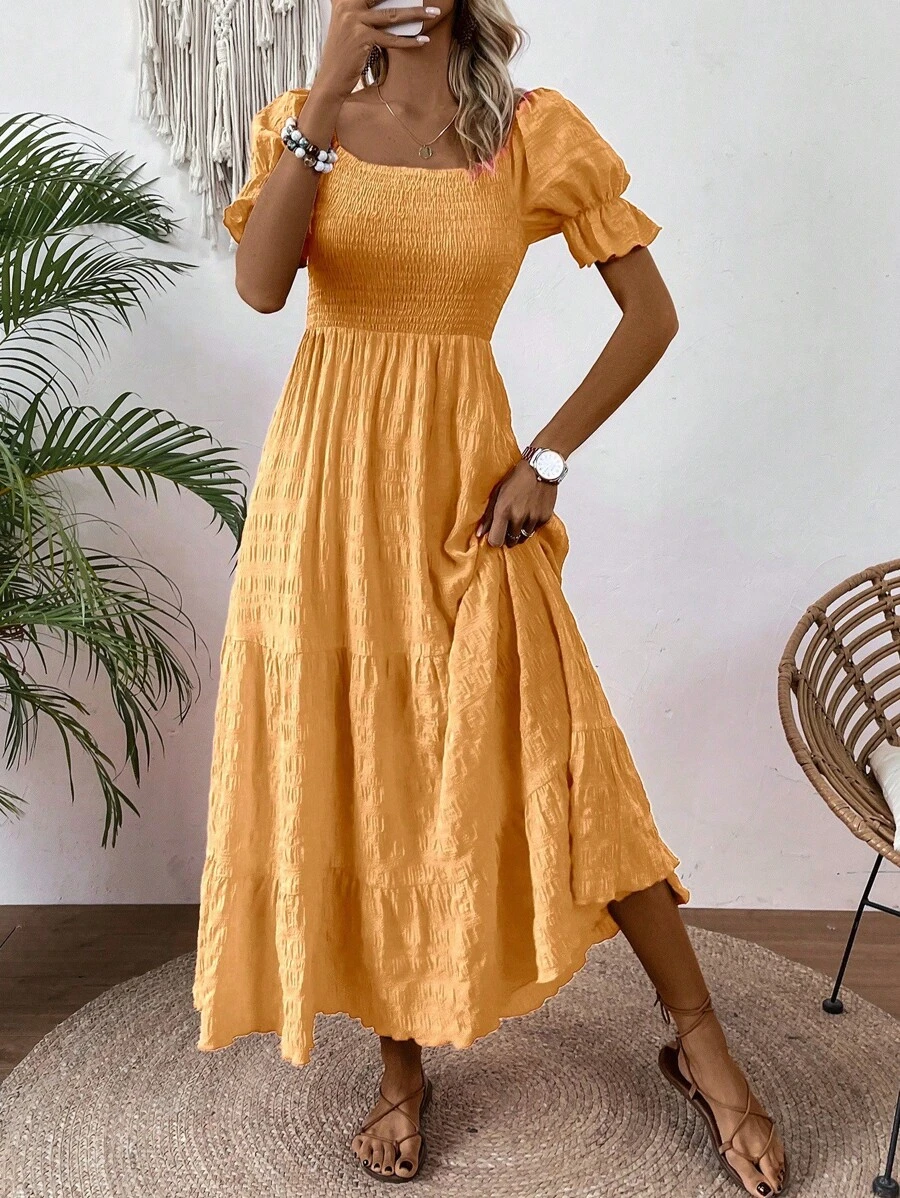 SHEIN Clasi Women's Fashionable Solid Color A-Line Flared Puff Sleeve Dress Maxi Women Outfit