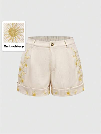 Hippie Plus Size Star & Moon Embroidered Casual Shorts, Minimalist Fashion For Everyday Wear