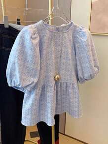 SHEIN Unity 新品春夏泡泡袖蝴蝶结设计休闲几何印花短款衬衫女式衬衫 - 藍色 - 查看 5