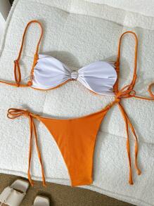 Swim Chiccia Ensemble de bikini 2 pièces pour femmes avec Top sans bretelle et sans fil décoré de coquillages et short à nouer sur les côtés, tenue d'été pour la plage