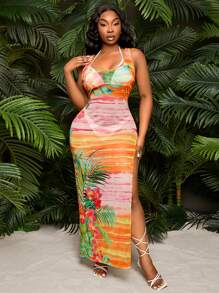 SHEIN SXY Vestido con abertura alta de malla transparente con estampado tropical de flor y palmera para mujer de talla grande, adecuado para uso diario, festivales de música, conciertos, fiestas de carnaval, vacaciones en la playa, citas, cumpleaños, despedida de soltera, club, informal, compras, ropa de calle, salidas, fácil de combinar y hace lucir delgada, resalta la figura