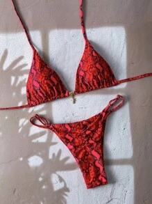 Elavelle Women Snake Skin Pattern Random Print Metal Pendant Beach Resort Bikini Swimwear Set, Summer