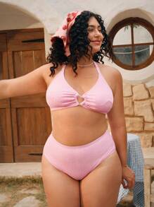 SHEIN Swim Mod 2 件大码女式甜美粉色心形吊带文胸和泳裤泳装套装，假日海滩装，夏季度假 - 粉色 - 查看 6