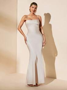 SHEIN BAE Sleeveless Satin Backless Dress, Simple Solid Color Apricot Bridesmaid Dress, Sexy Backless Tie-Up Design Long Evening Dress, Summer - Apricot - View 2