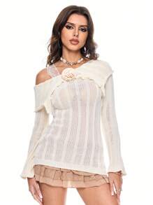 ROMWE Fairycore Pull seyant à manches cloche transparentes, encolure asymétrique avec patchwork en dentelle, style rétro Y2K pour femmes - Nude - Voir 1