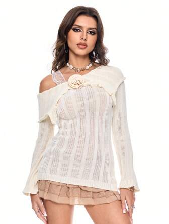 Fairycore Damen Retro Y2K Spitze Patchwork asymmetrischer Ausschnitt enge weite Ärmel transparenter Pullover