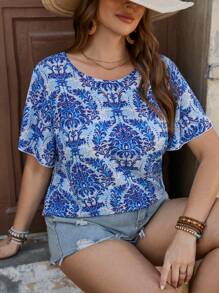 SHEIN VCAY Plus Size Casual Island Retro Print Loose Fit Round Neck Short Sleeve Shirt Cute Summer Tops,Going Out Tops Easter,Concert Women, Nashville,Ibiza Western Wear Women, Boho Chic,Bohemian,Cowgirl,Cottagecore - Multicolor - View 1