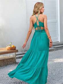 SHEIN VCAY Plain Woven Bodycon Dress With Frill Hem For Women, Long LengthSpring And Summer Outfits, Summer Clothes, Valentine's Day, Vacation Outfits Woman, Beach Outfits For Woman, Festival, Romantic And Elegant Clothing, Bohemian, BOHO, Sweet, Rave Outfits Festival, Tropical Vacation Woman Clothes, Carnival