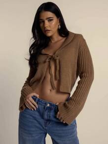 MUSERA Knit Collared Tie Up Long Sleeve Cropped Cardigan Summer Spring Cute  New Years - Coffee Brown - View 1