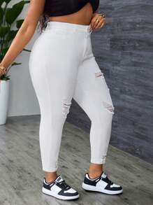 Slaydiva Jeans informales simples con botones delanteros, bolsillo y efecto desgastado, talla grande y unicolor - Blanco - Ver 5