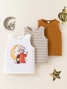 SHEIN مجموعة سترة بلا أكمام من 3 قطع للأولاد، تصميم متعدد الاستخدامات بخطوط الخاكي والكراميل الأحادي واللوحات المطرزة بنموذج الفانوس، مثالية لخزانة ملابس الأولاد في الربيع/الصيف