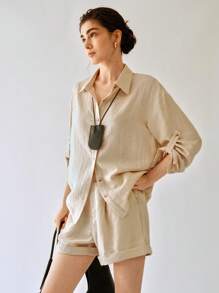 Uhlyne 女士休闲亚麻长袖翻领梭织衬衫 - 卡其色 - 查看 3