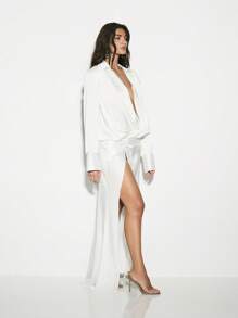 KIZN Robe de soirée longue avec encolure plongeante drapée et manches longues. Robe de cérémonie, de mariage ou d'invité. Taille rassemblée. Collection de luxe pour occasions spéciales