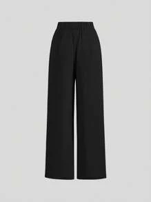 Poéselle 夏季高腰裤多件套阔腿裤高腰褶皱百褶阔腿裤女裤宽松中长款裤子 - 杏色 - 查看 3