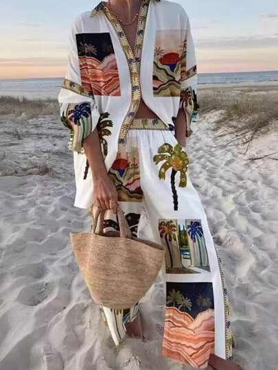 INAWLY 女士棕榈树印花长袖衬衫和裤子休闲套装适合假期