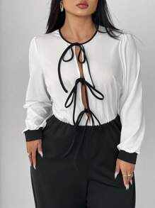 SHEIN Unity Plus Size Elegant Contrast Color Patchwork Bowknot Jumpsuit, Autumn - Black and White - View 4