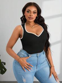 SHEIN PETITE CURVE Plus Size Color Block Rhinestone Collar Sleeveless Casual Top