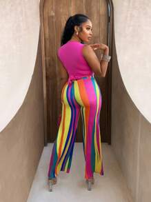 BamGleam Women's Solid Deep V Crop Tank Top And Striped Pants 2 Pieces Outfit, Fashionable