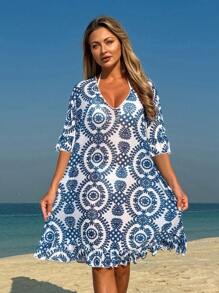 Swim Lushoire Robe ample de couvre-chef en mousseline de soie à manches 1/2 et col en V avec imprimé végétal pour femmes, robe ample d'été à motif floral de porcelaine pour la plage et les vacances