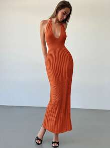 Aloruh New Crochet Deep V-Neck Backless Sexy Vacation/Date/Casual Knit Dress