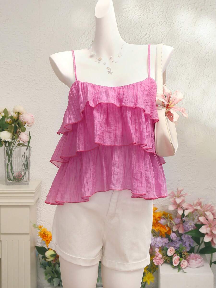Elamini Blusa con volantes y volados de unicolor para uso diario y vacaciones de mujer - Rosa - Ver 1