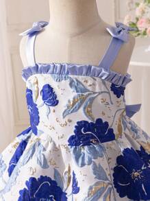 Young Girl Jacquard Woven Bowknot Decor Camisole Dress - Blue - View 6