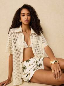 Poéselle Chaqueta camisa hueca para mujer, camisa de vacaciones, ropa de vacaciones de verano en la playa, blusa holgada de punto de unicolor casual para mujer, ropa bohemia chic