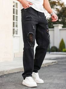 Manfinity Homme Men's Black Distressed Denim Jeans: Ripped Design Long Length Zipper Fly Casual Fit - Black - View 6