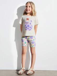 THE HAPPY LOOK Ensemble jeune fille d'un t-shirt ample à imprimé chat avec épaules dénudées et un short à imprimé chat tout-sur, style décontracté et mignon