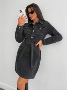 SHEIN Cottnline Mini Button And Belt Detailed Rigid Denim Dress - Black - View 5