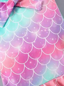 Tween Girl Mermaid Print Ruffle Trim Belted Dress, Suitable For Summer Beach, Vacation, And Playtime - Multicolor - View 3