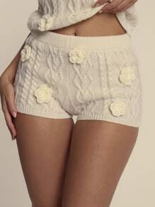MUSERA Cable Knit Flower Detail Mini Shorts Spring Summer Bottoms Only Evening Party Elegant   New Years - Cream - View 5