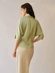 Uhlyne Fashionable Woven Twill Lapel Twist Detail Elegant Ladies Blouse - Mint Green - View 8