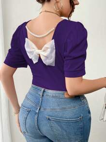 Elenzga Plus Size Women's Summer Bowknot Decor Short Puff Sleeve Fitted Round Neck T-Shirt For New Year Clothes Graphic Tees Women Tops