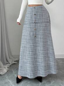 Modelyn Women's Elegant Woven Tweed Button A-Line Skirt
