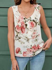 SHEIN Clasi 女士 V 领荷叶边下摆浪漫衬衫，夏季波西米亚风女士服装波西米亚风别致花卉荷叶边柔和雪纺 - 彩色 - 查看 2