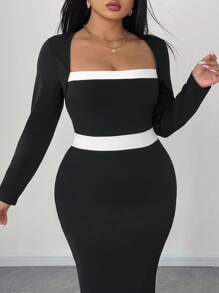 SHEIN Unity PLUS SIZE Square Neck Color Block Fitted Women Dress Maxi Women Outfit Fall Cloth For Women - Black and White - View 4