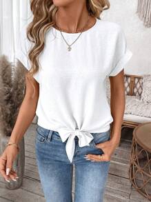 SHEIN LUNE 女士白色夏季上衣：可爱系带打结T恤，适合休闲外出穿着，女士外出上衣，休闲款 - 白色 - 查看 6