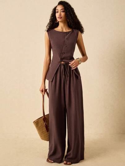 Poéselle 2件套女式纯色前扣无袖上衣和裤子套装