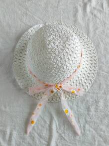 SHEIN Baby Girls 2Pcs Set: Pink Casual Floral Print Knitted Loose Dress With Waist Drawstring And Wide Dress, And Matching Hat, Spring - Pink - View 6