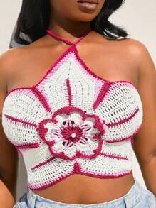 SHEIN SXY Große Größen Damen Frühling/Sommer 2025 Neue Zweischichtige Gestrickte Blüten Sexy Rückenfreie Verstellbare Trägerweste, Geeignet für Strandurlaub, Date Night, Geburtstag, Junggesellinnenabschied, Süß, Lässig, Einkaufen, Streetwear, Ausgehen, Leicht zu kombinieren & Schlank aussehend, betont Ihre Figur, schmeichelhaft