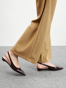 CUCCOO BIZCHIC New Summer Women's Square Buckle Pointed-Toe Low Chunky Kitten Heels, Unique Heel Design, Versatile, Comfortable, Commute Style, Chocolate & Brown Patent Leather Slip-On Flats