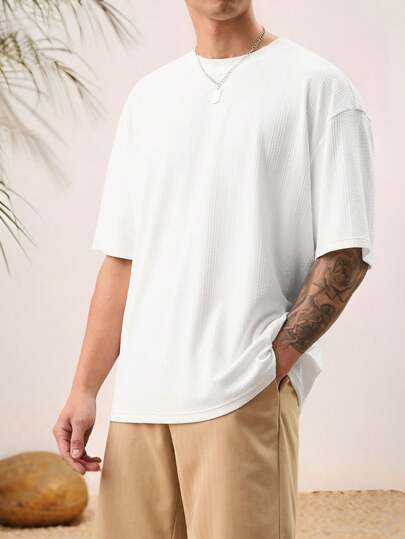 Manfinity VCAY Unisex Casual Jacquard Knit High-Stretch Loose Drop Shoulder Round Neck Short Sleeve Plain T-Shirt, Suitable For Everyday Wear