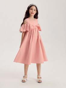 Tween Girl Cute & Elegant Ruffle Ruffle Pink Dress For Everyday Wear - Pink - View 1